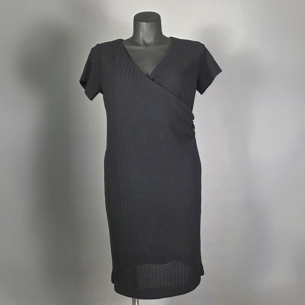 Exclusively Misook Black Textured Knit Wrap Dress XL V-Neck Ruched Short‎ Sleeve